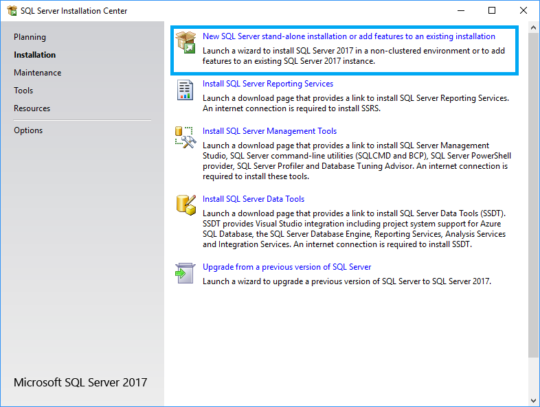 Click New SQL Server stand-alone installation or add features to an existing installation